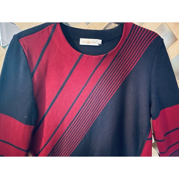 TORY BURCH RED AGATE Lyon Stripe Asymmetrical Wool Blend Peplum Sweater Size L - Picture 4 of 10